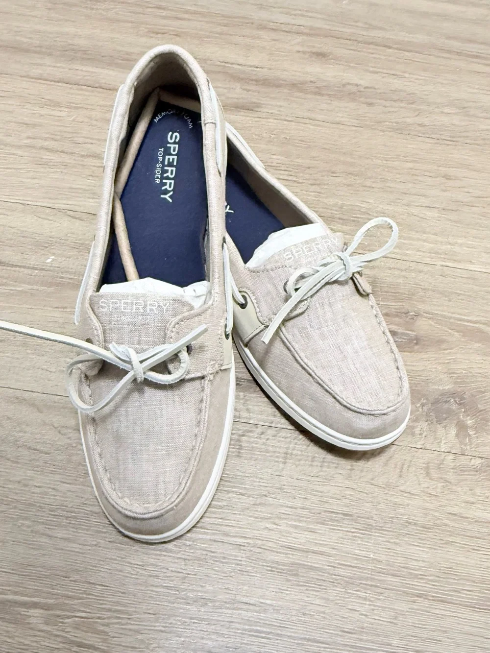 Sperry topside woman Light Beige Canvas Boat Shoes with White Laces